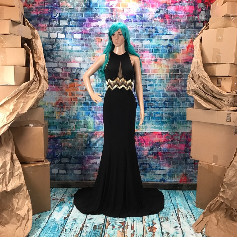 TERANI Black & Gold Beaded Dress! #1715P2988